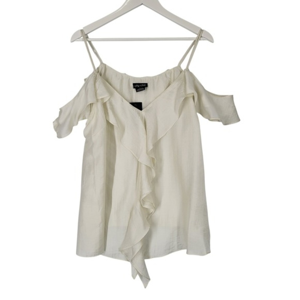 City Chic Aliyah Top Butter Cream Cold Shoulder Ruffle Spaghetti Strap L